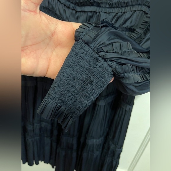 ULLA JOHNSON Gemma Satin Like Mini Dress V Neck Bishop Sleeve Midnight Blue - Picture 9 of 14